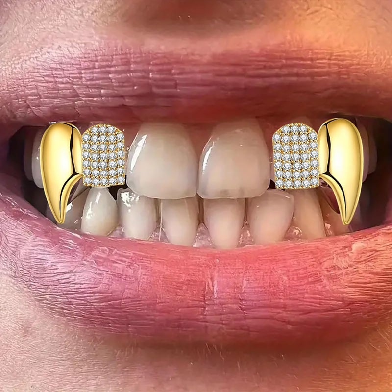 IS4U Gothic Vampire Diamond Grills Teeth Grillz Diamond Grills for Your Teeth 18k Gold Plated Double Tooth Grizz Caps Vampire Bat Fang Iced Out CZ Diamonds Grills Gothic Halloween Cosplay Party Jewelry for Men and Women - Image 2